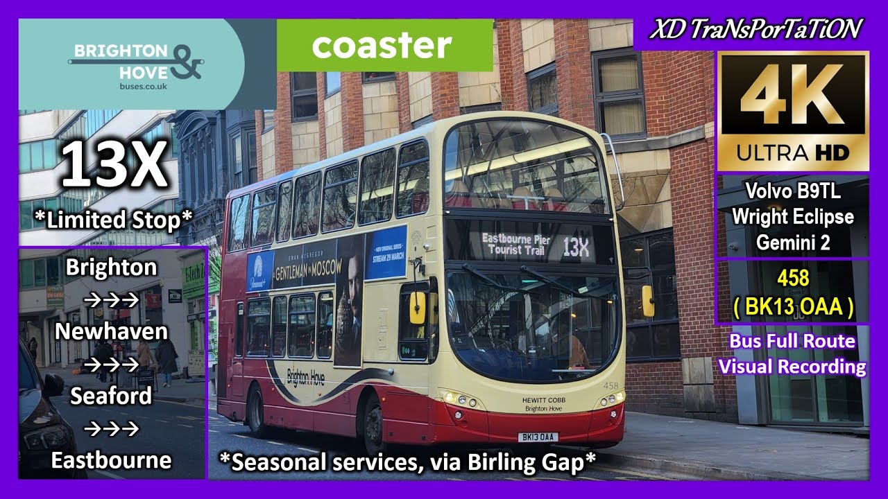 [Brighton & Hove] 13X ~ Brighton Station ➝ Eastbourne Pier (via Birling Gap)【4K UW】