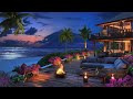 A beautiful purple night ambience in a peaceful beach  crackling fire  soft ocean waves sound