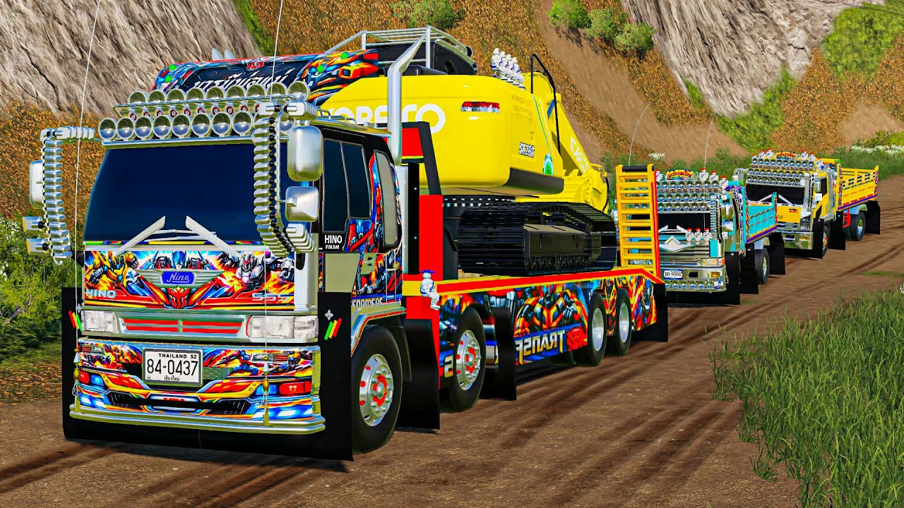 Перемещение техники в гору к новому месту работы для перевозки грунта для ремонта поврежденной до...