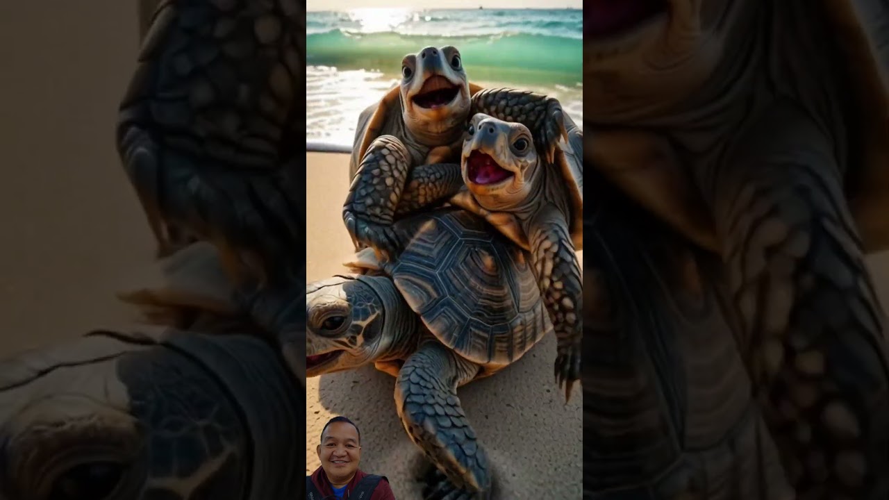 TURTLE SQUAD SELFIE AT THE BEACH! 🐢📸 THE CUTEST OCEAN MOMENT EVER! 