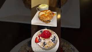 Fresh Fruit and Yogurt with a Brisket Bagel and Oatmilk Matcha Latte from Barista’s Coffee House