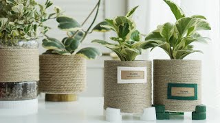 Simple flowerpot made of jute string, DIY, bottle cap stand, air purifying plants, Plastic Recycling