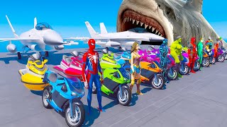 Đội đua mô tô người nhện thách thức trên đường dốc vs cá mập - Cuộc đua siêu anh hùng - GTA 5
