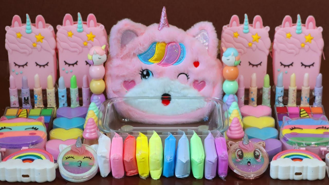 Mixing”Pink Unicorn” Eyeshadow and Makeup,parts,glitter Into Slime!Satisfying Slime Video!★ASMR★