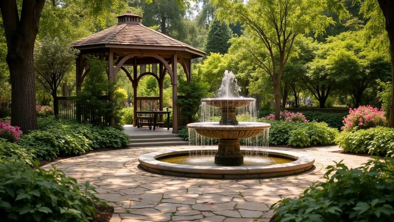 Romantic Garden Lofi 🌿 Soft Jazz & Piano with Gentle Fountain Sounds