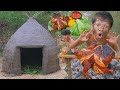 Bushcraft earth hut building complete and warm survival cooking chicken 000152