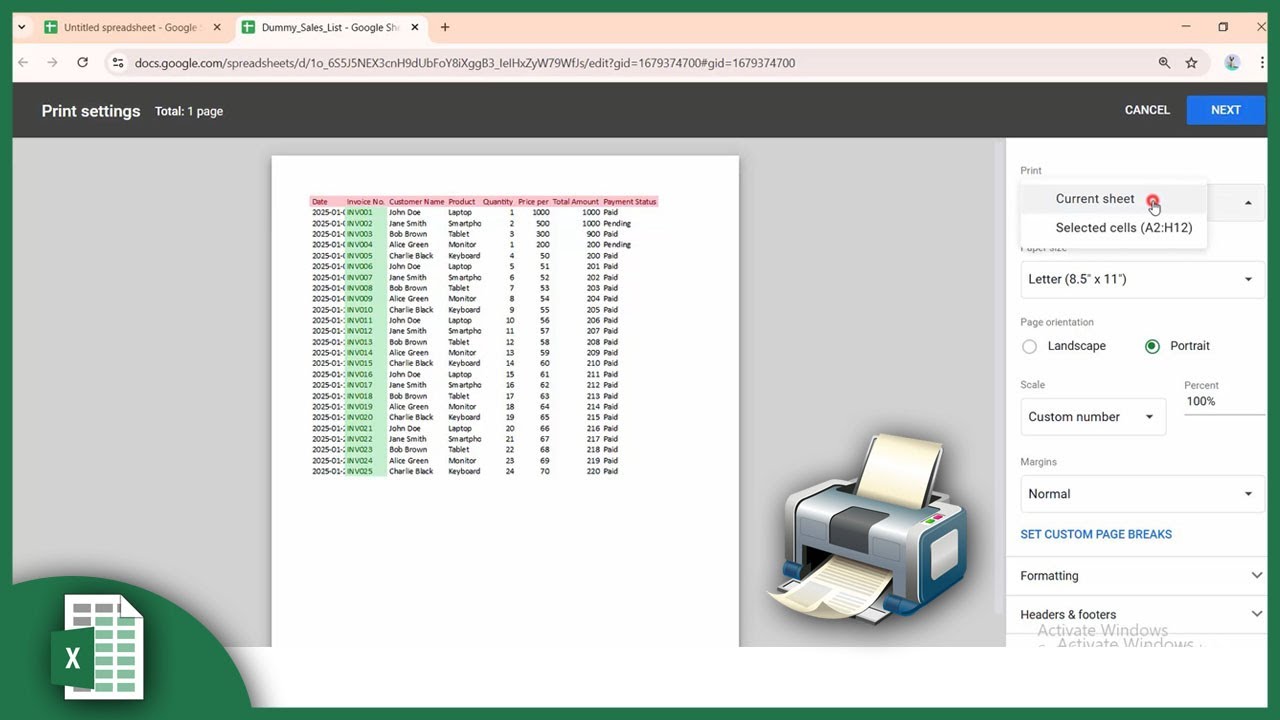 How to set print area in google sheets