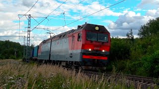 Электровоз "Синара" 2ЭС6-1343 с контейнерным поездом на жёлтый сигнал светофора, 18 августа 2025 г.