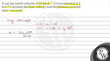 A car has initial velocity of \( 72 \mathrm{~km} \mathrm{~h}^{-1} \...