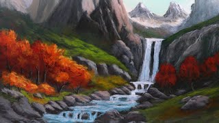 Majestic Mountain Waterfall Landscape - Acrylic Painting