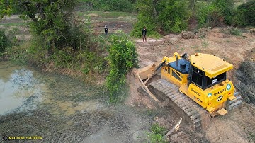 Incredible Skills Operator Strong Dozer Clearing Forest & Pushing Dirt And Dump Truck Unloading Dirt