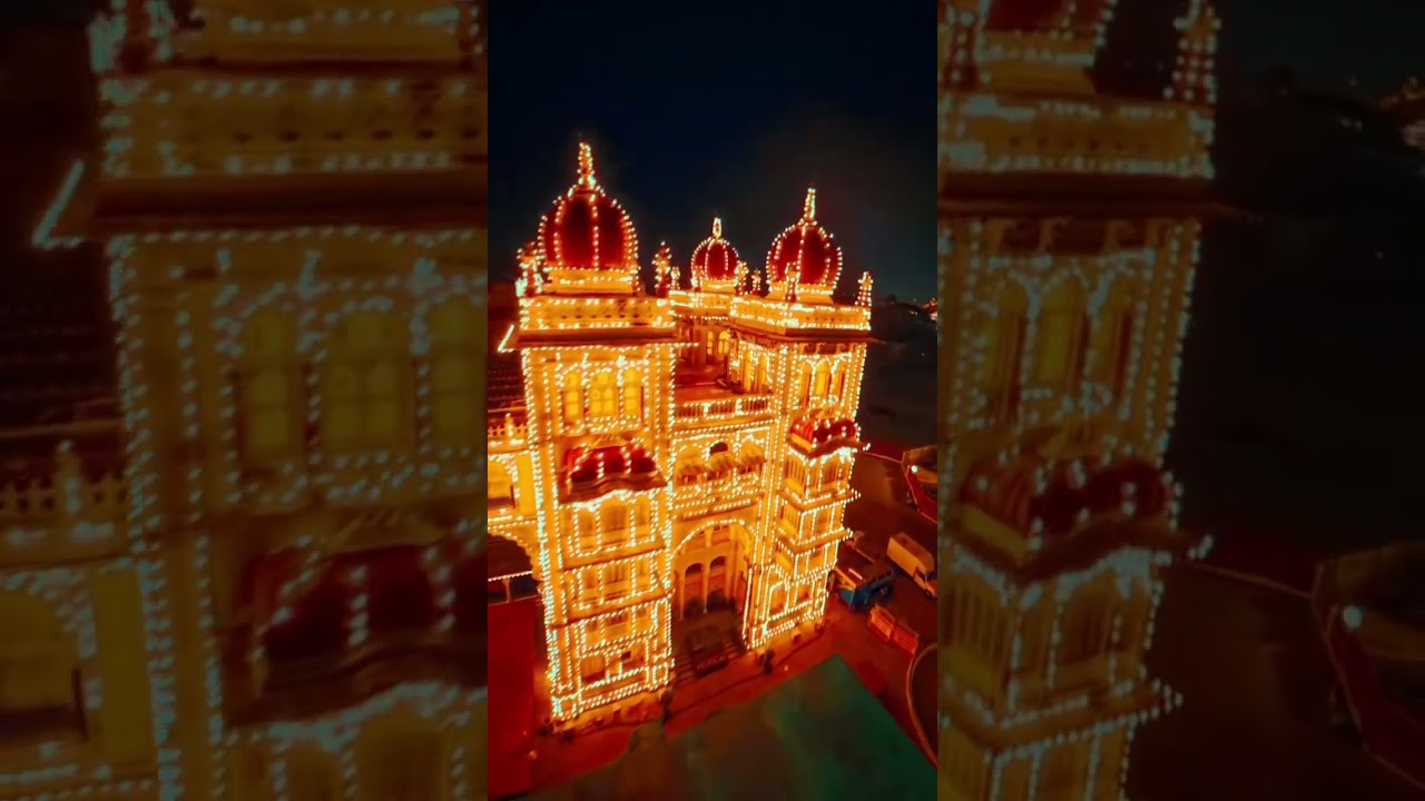 Mysuru palace night light drone view 