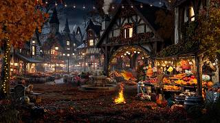 Cozy Autumn Market Pumpkin Village 🍂 Relaxing Ambience with Campfire, Falling Leaves & Crickets