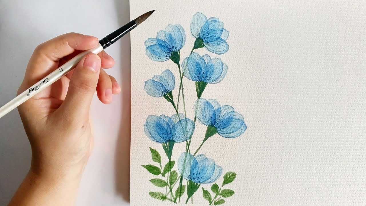 Transparent Layering Blue Mini Flowers with Watercolor | Flower Watercolor Painting 🎨🩵