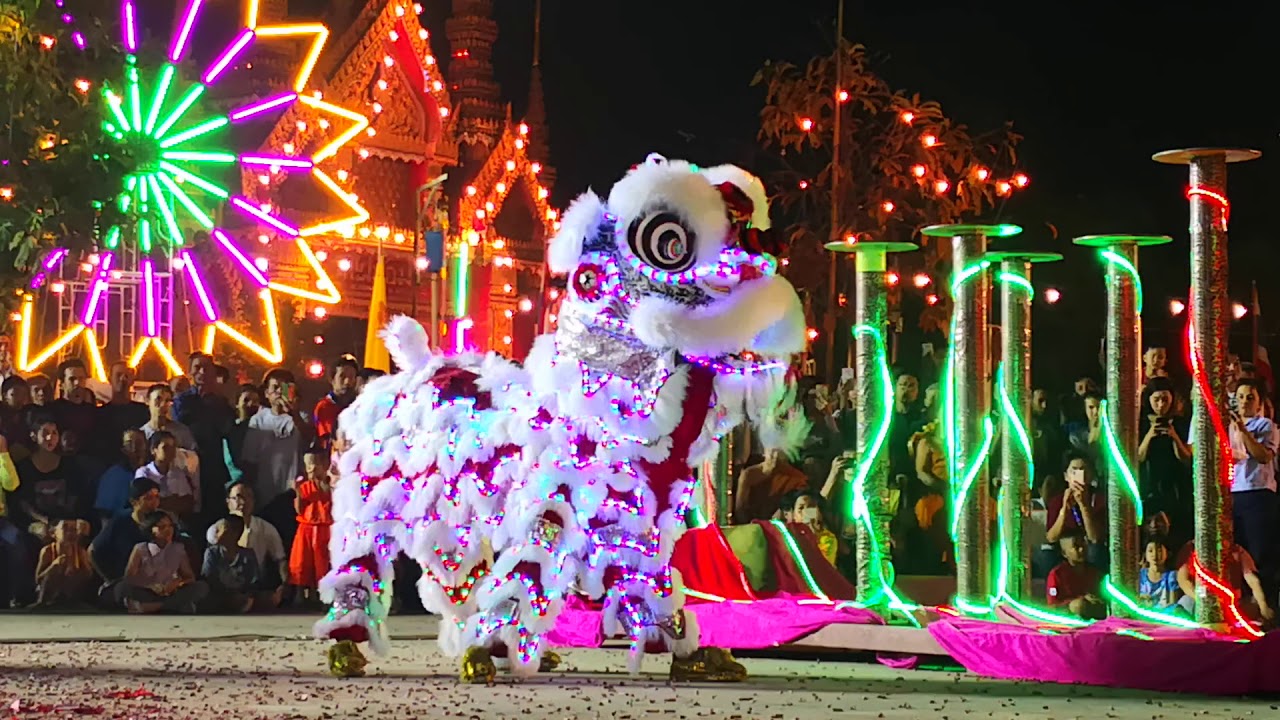 สิงโต​กระโดด​เสา​ดอกเหมย​ไฟ​LED​พร้อมแสงสีเสียงสวยงามตื่นตา