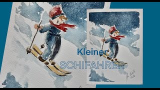 Kleiner SCHIFAHRER painting a little skier in the snow - watercolor - christmascards