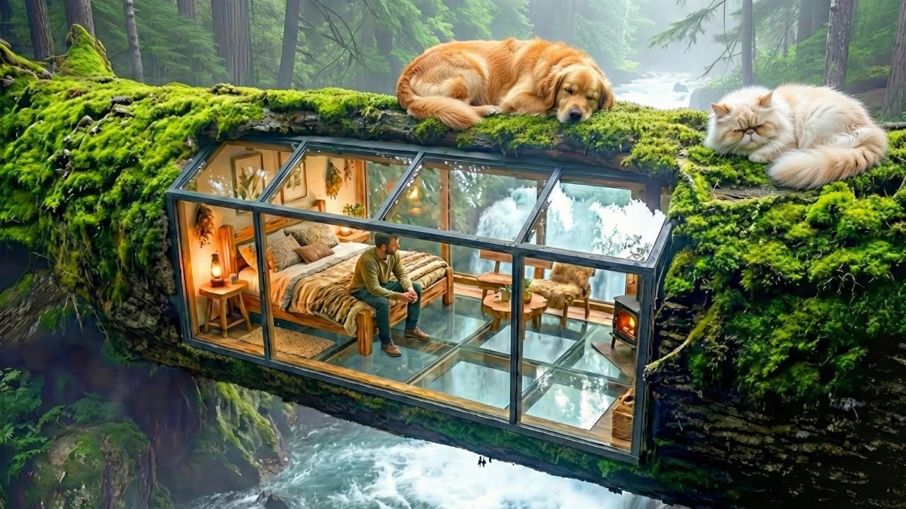 Building A Secret Room Inside A Tree Trunk Over A Waterfall (ASMR)  -  This mini house inside a tree