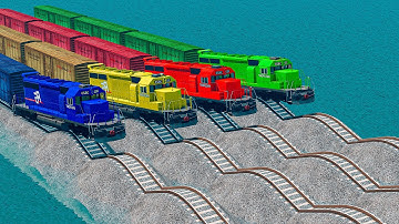 Quadruple Colorful Trains Vs Wavy Impossible Weird Rails Tracks Crossing Deepwater | BeamNG.drive