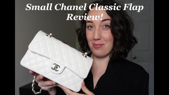 CHANEL classic flap handbag unboxing and review, small white caviar