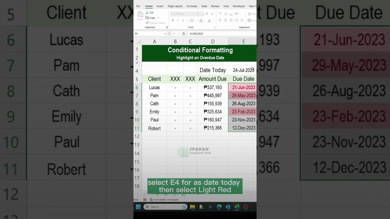Highlight an Overdue Date using Excel Conditional Formatting Function