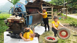 The Genius Girl Helps the Farmer Repair and Restore the Rice Threshing Machine with a Punctured Tire
