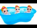 Three Princess dolls play in the bubble bath