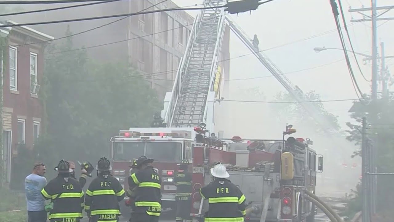 Crews battle fire at warehouse for hours in Camden on Sunday