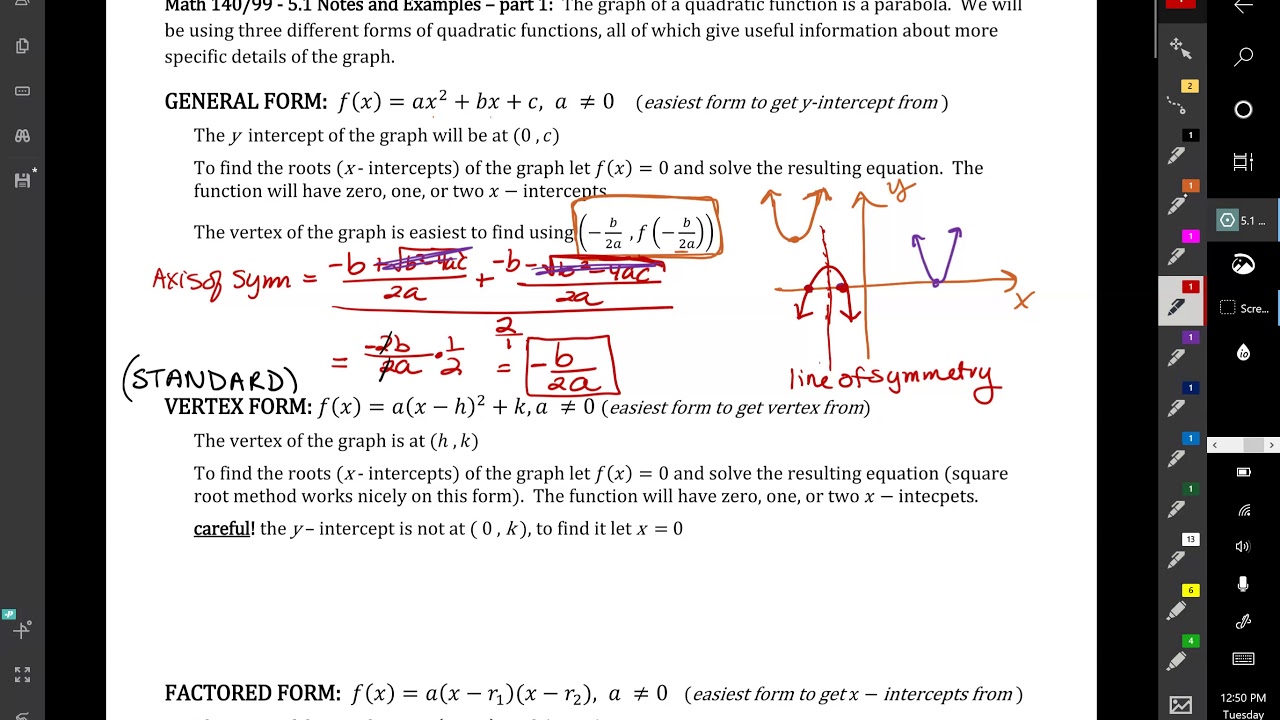 5 1 Video 1 Intro Notes on Quadratic Functions & Graphs different forms ...