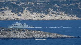 Turkish Navy mine hunters M 265 TCG Alanya & M 269 TCG Anamour sailing Chios Strait towards Cesme.