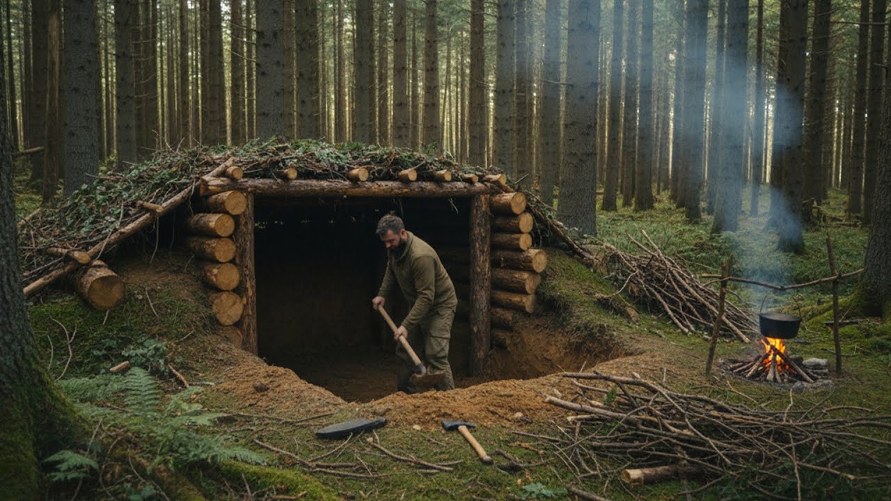 Building a Bushcraft Survival Dugout Alone in the Forest - YouTube
