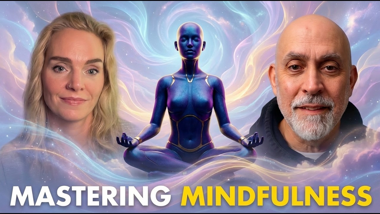 Female host and male guest looking straight ahead with an image of somene sitting in a meditation position between them, swirling clouds around them and the words "Mastering Mindfulness" on the bottom.