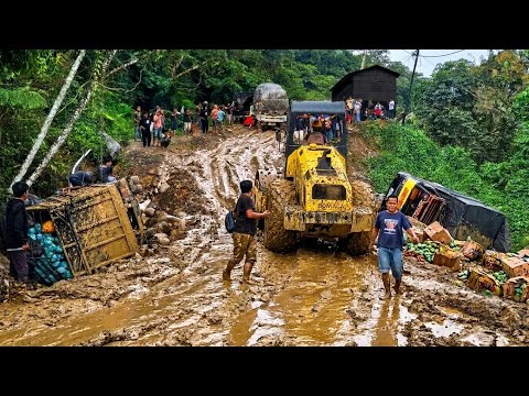 Consecutive Incidents: Heavy-Load Truck Swerves, Gets Air, Rolls Back, and Flips on Extreme Incline
