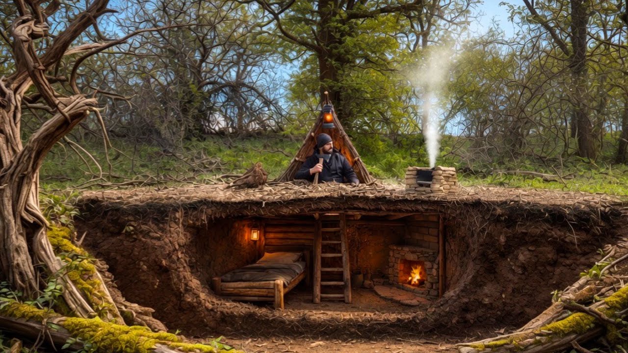 Building a Hidden Underground House in the Forest Bushcraft Survival ...