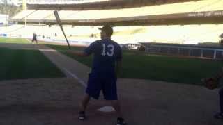 Famous Tim Cates gets a hit at Media Game at Dodger Stadium Profile