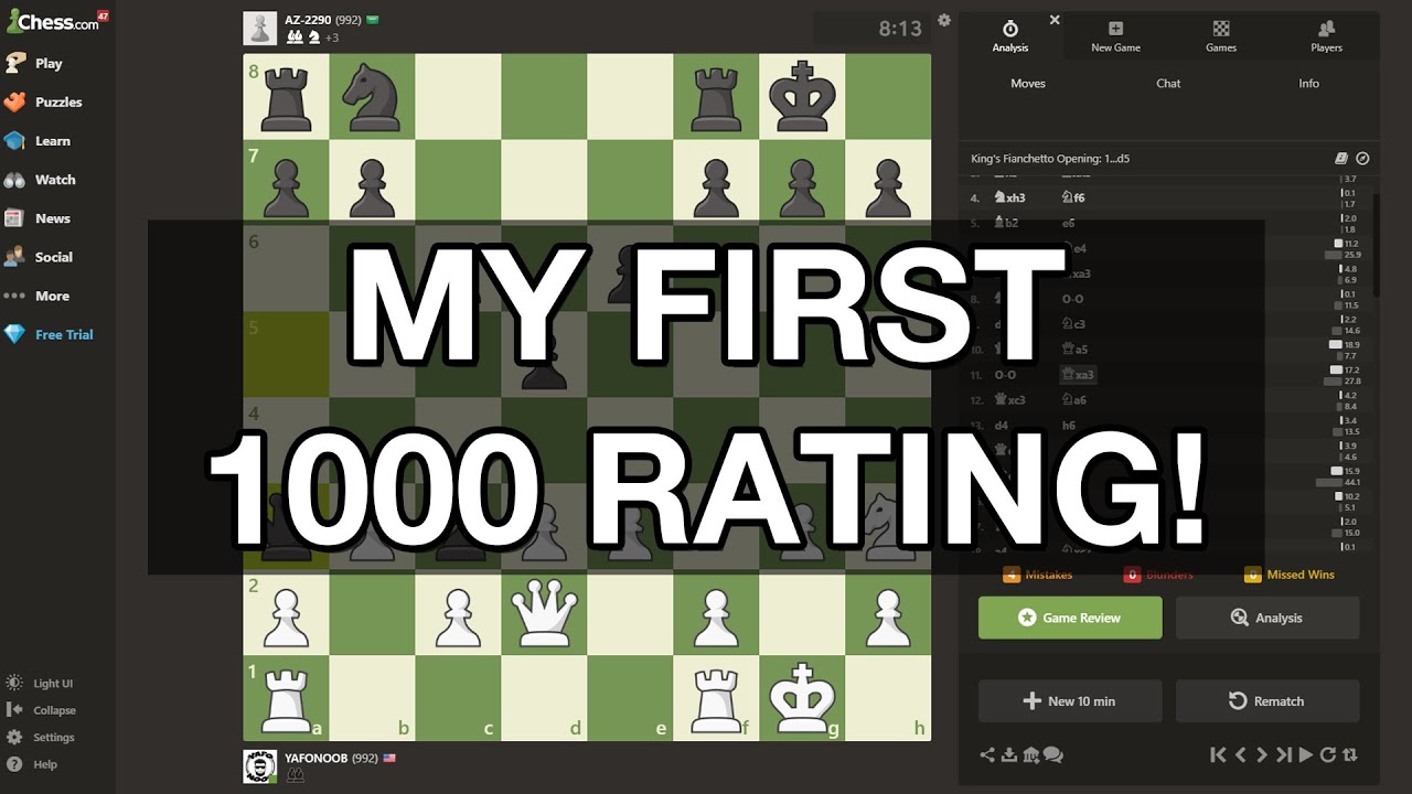 My first time getting 1000 rating in chess.com, but not for long! lol ...