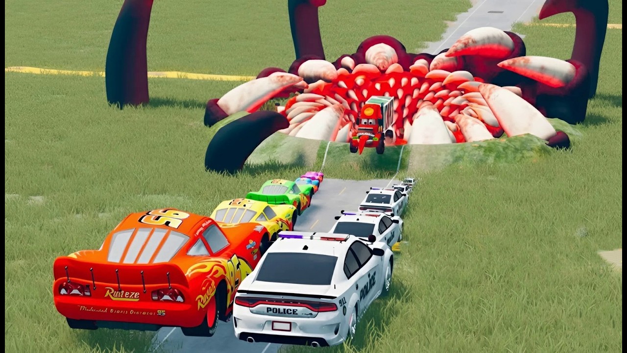 Big & Small McQueen & Police Car vs Zombie Mack, Giant Monster Mouth & Giant Sword – BeamNG drive