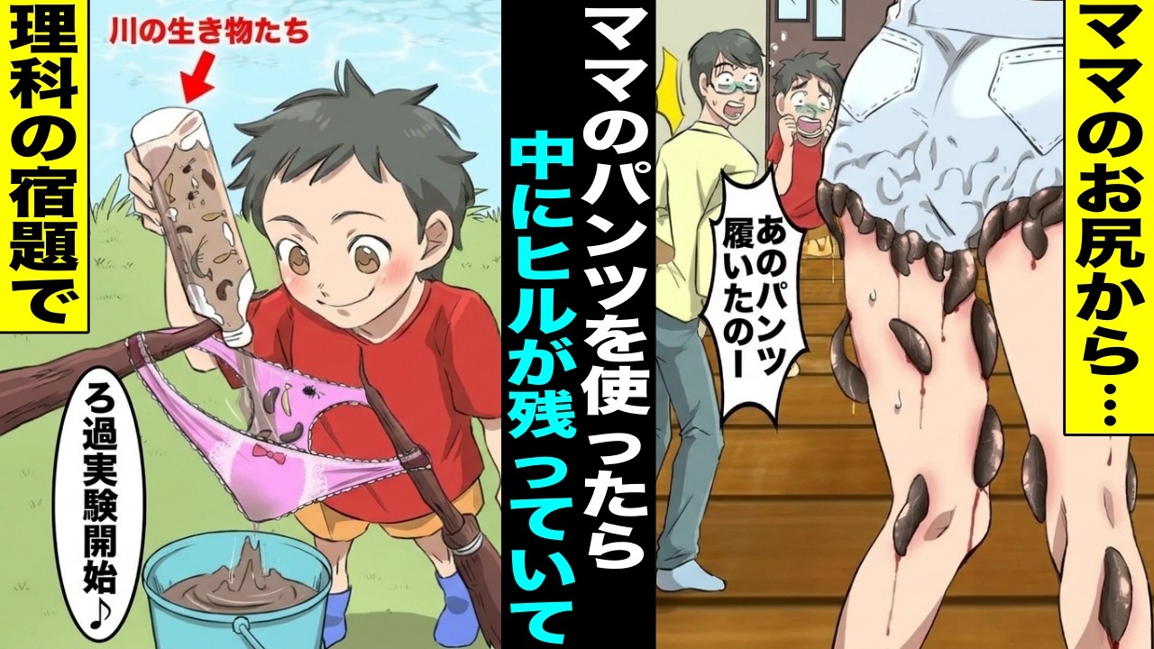 【漫画】理科の宿題に必要な道具を無くしてしまい僕はママのパンツを代用した→翌日、ママが実験で使ったパンツを履いてしまい、パンツの中に残っていたヒル達が・・・【スカッと】【アニメ】【総集編】