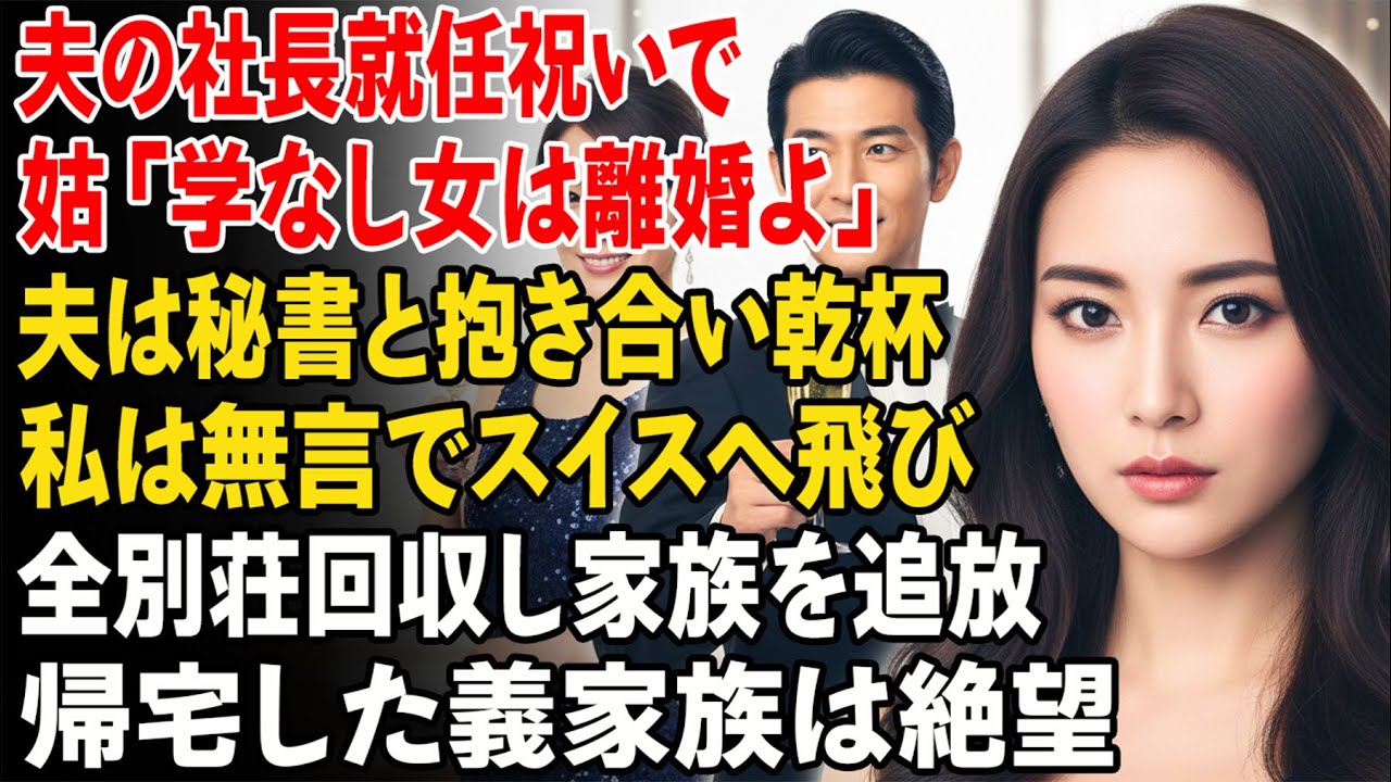 夫の社長就任祝いの席で姑に「学がない女」と離婚を迫られ夫は秘書を抱いて乾杯する中私は黙って帰宅しスーツケースを持ってスイスへ飛び別荘すべてを回収しその夜帰ってきた義家族が青ざめた