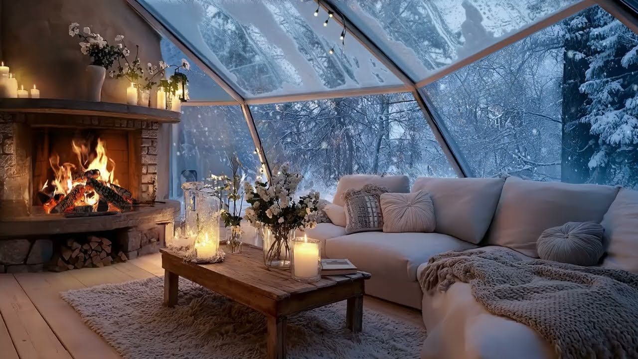 😴🎶 Tranquil Winter Lounge Piano | Fireplace Ambiance & Snowy Night for Deep Sleep, Focus & Study