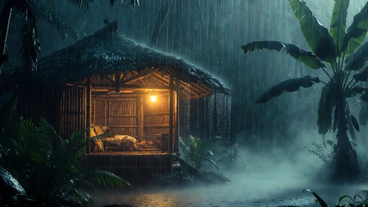 Rain and Thunderstorm Sounds in Jungle Hut at Night 🌧️ Cozy Cabin Rain for Deep Sleep