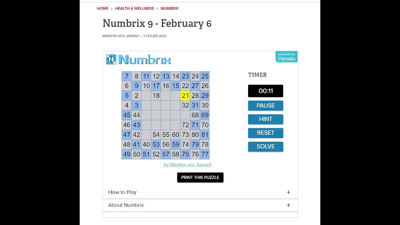 Solve Daily Numbrix 9 Puzzle 2/6/2024 (ASMR) YouTube