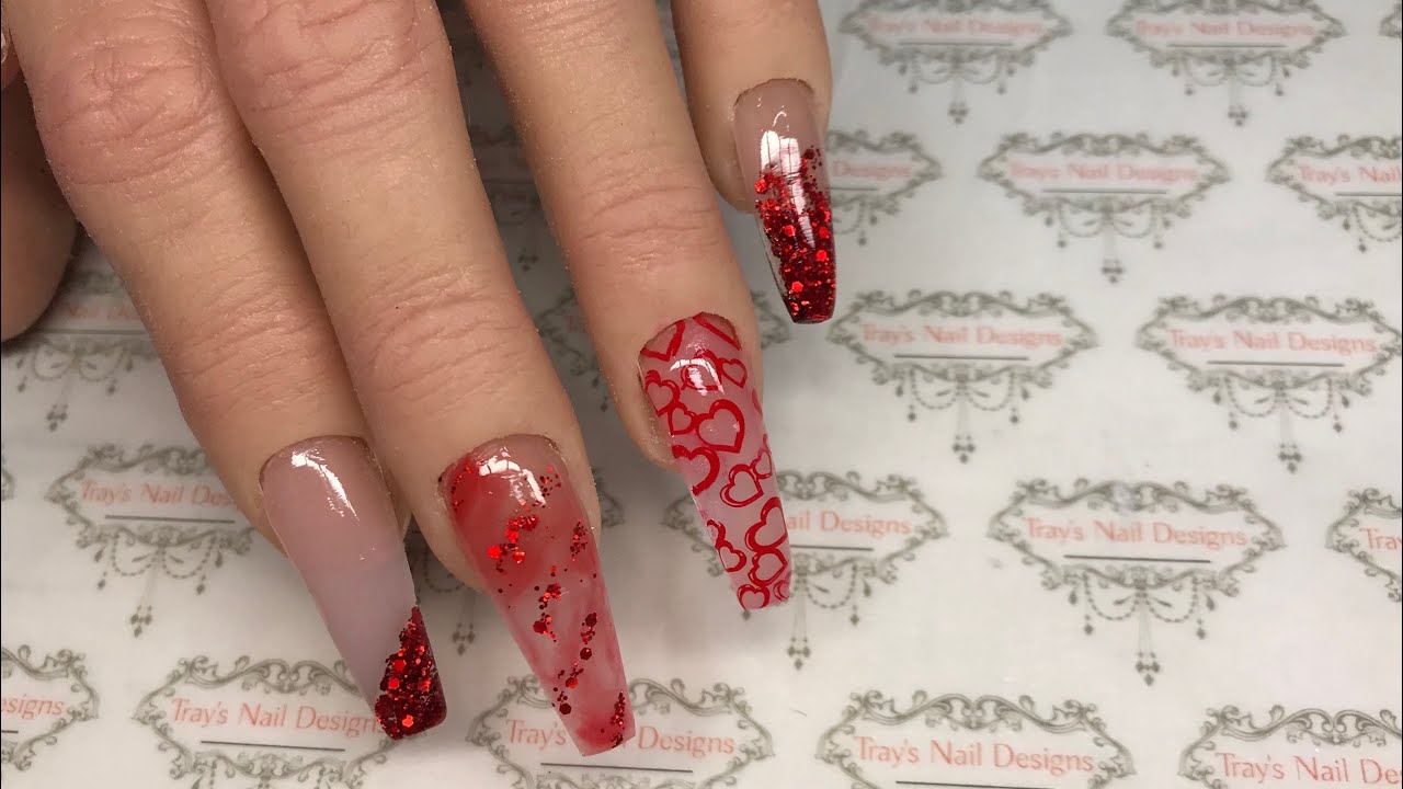 Red Heart Valentines Day 2020 Acrylic Long Coffin Nail Art Design using ...