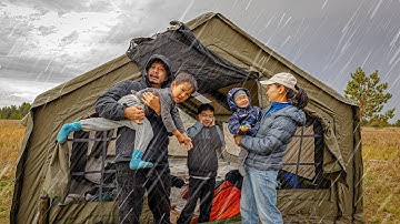Camping in Heavy Rain with Kids . 2-Room Inflatable Tent . Sound of Rain ASMR