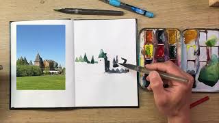 Рисуем архитектуру и деревья акварелью