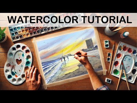 ينبض هذا الشاطئ بالحياة عند غروب الشمس درس تعليمي في الرسم بالألوان المائية مع بيل هولكهام 