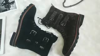 Womens Suede Boots Lace-up Flat Combat Boots