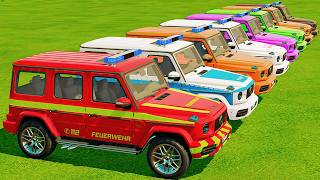 ALL COLORFUL MERCEDES POLICE CARS! Giant Flatbed Transport & Mega Ramp vs Big Trucks screenshot 4
