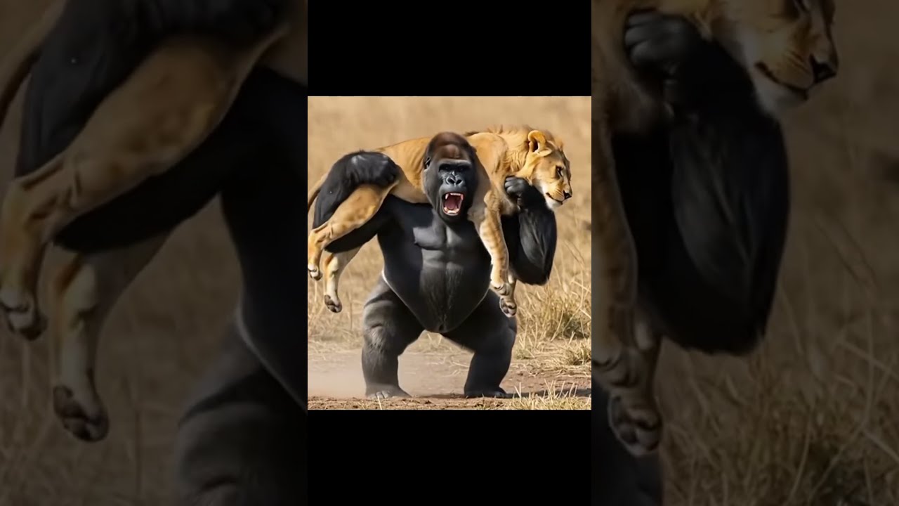 King Kong Fights Lion to Rescue His Child 