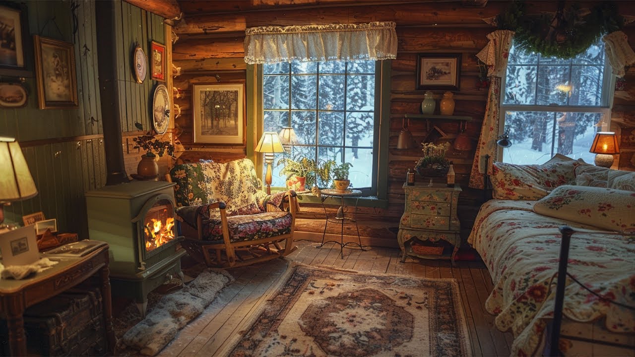 🔴Cozy Cabin in Winter Snowstorm Ambience | Relaxing Snow and Crackling ...