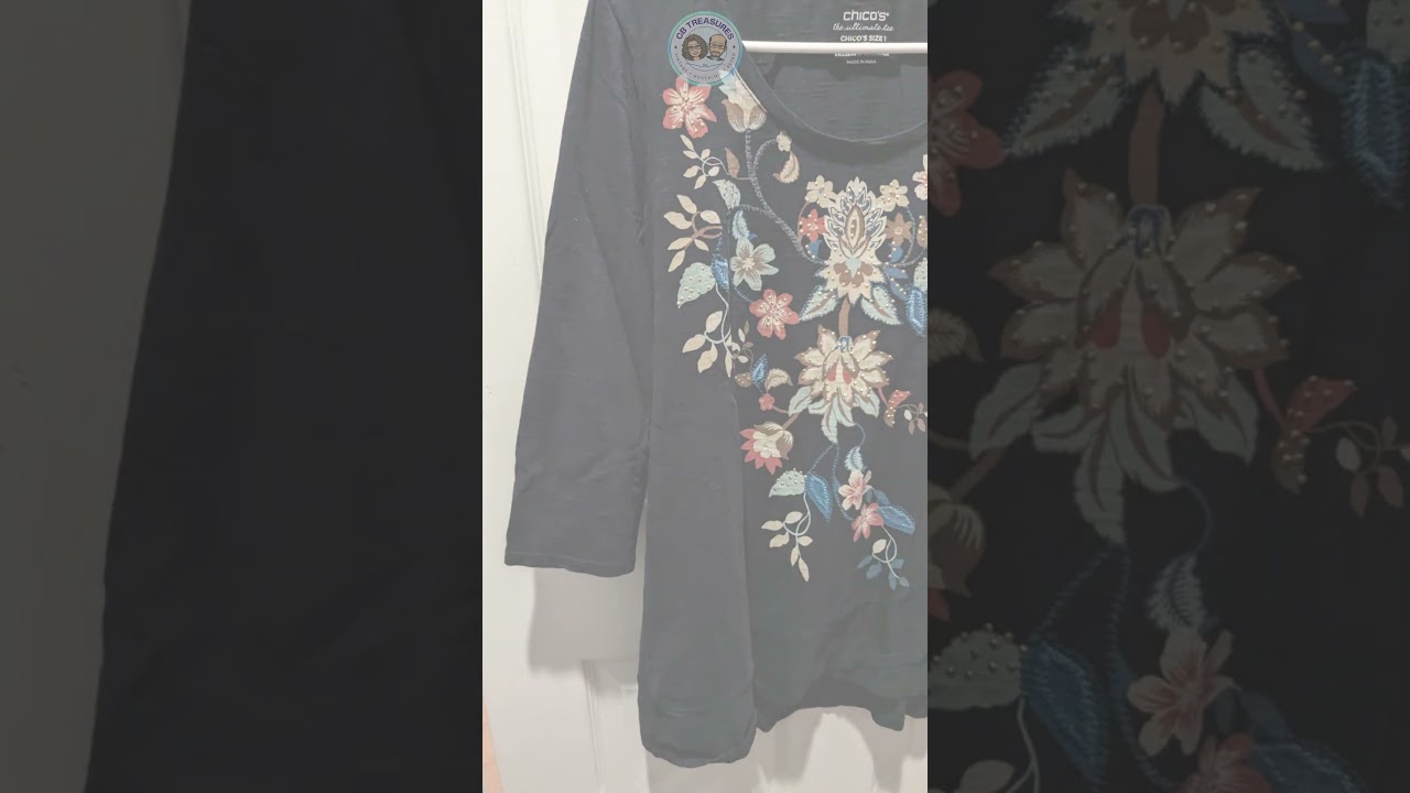 Chico's Floral Ultimate Tee - Size 1 (M) with Gold Sparkle